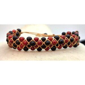 Black & Red Beaded Woven Bracelet - Adjustable